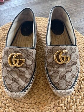 GUCCI Gold Brown Espadrilles GG Logo Designer Shoes Size 36